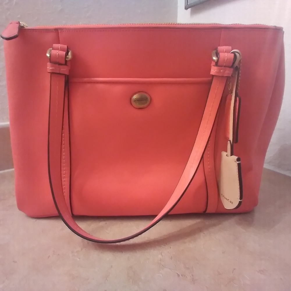Coach Peyton Leather Jordan Double Zip Carryall Coral Bag